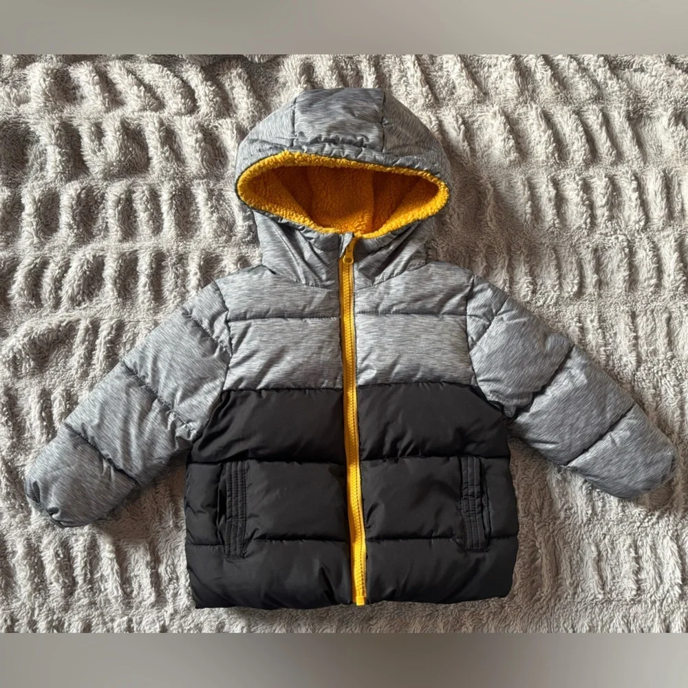 SwissTech Toddler Puffer Jacket 18M Gray Black Hooded Fleece Lined Winter Coat